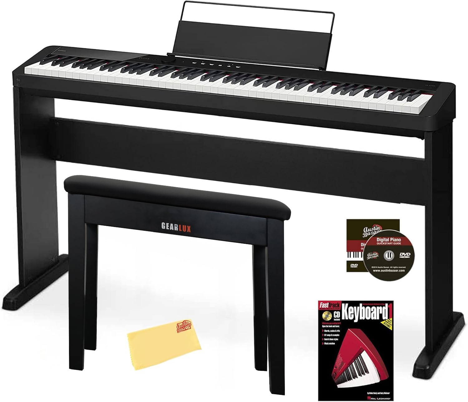 Casio CDP-S360 88-Key Compact Digital Piano - Black Bundle with CS-470P Stand, 3-Pedal System, Furniture Bench, Instructional Book, Online Lessons, Instructional DVD, and Austin Bazaar Polishing Cloth