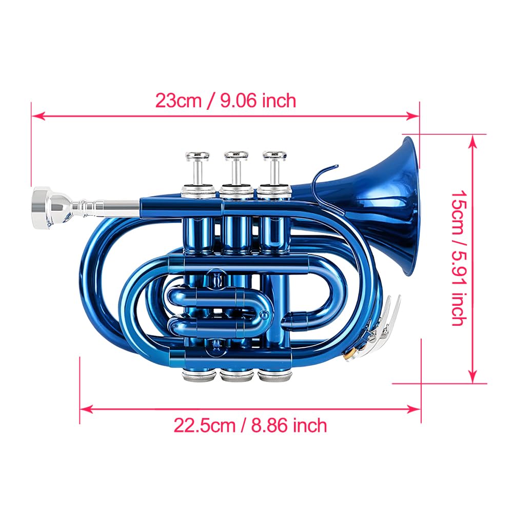 Bb Pocket Trumpet - Brass Pocket Trumpet B Flat Nickel Plated, 7C Mouthpiece, Complete Beginner Kit - Includes Hard Carrying Case, Cleaning Kit, Gloves, golden