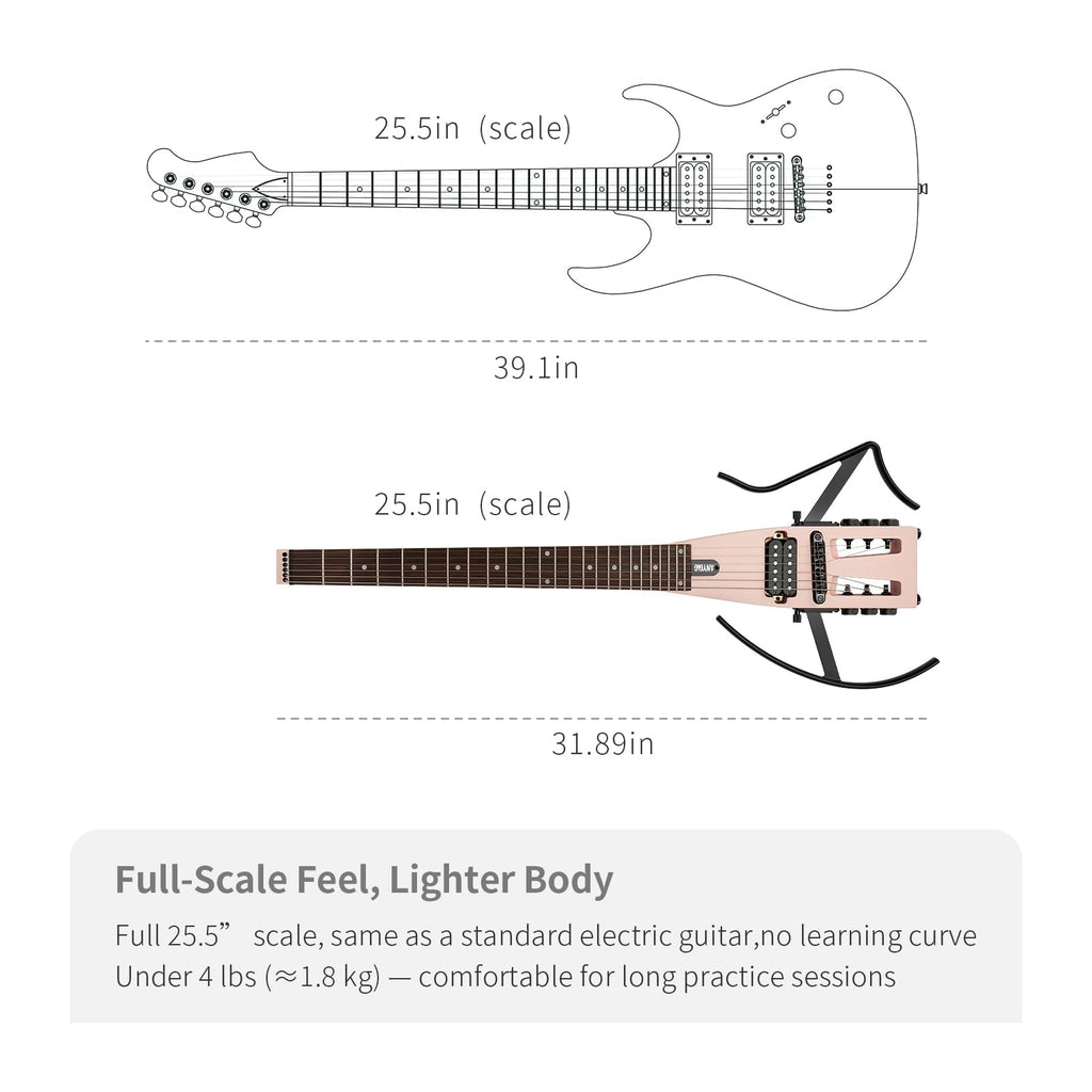 Anygig Travel Electric Guitar Headless – Portable Ultra-Light and Quiet, Full-Scale 25.5” Rosewood Fingerboard, Glow Humbucker, Gig Bag, Removable Stands for Left and Right Black
