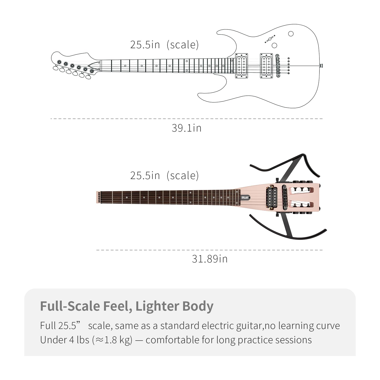 Anygig Travel Electric Guitar Headless – Portable Ultra-Light and Quiet, Full-Scale 25.5” Rosewood Fingerboard, Glow Humbucker, Gig Bag, Removable Stands for Left and Right Black