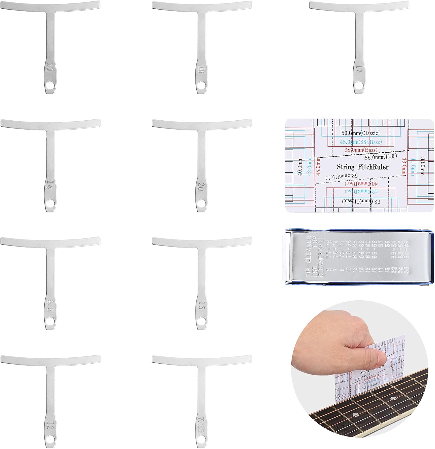 Luthier Radius Gauge Set, Guitar and Bass String Height Measuring Tool with 9 - Piece Stainless Steel Radius Templates, File & Ruler for Fretboard Setup, Neck Repair, and Action Ad