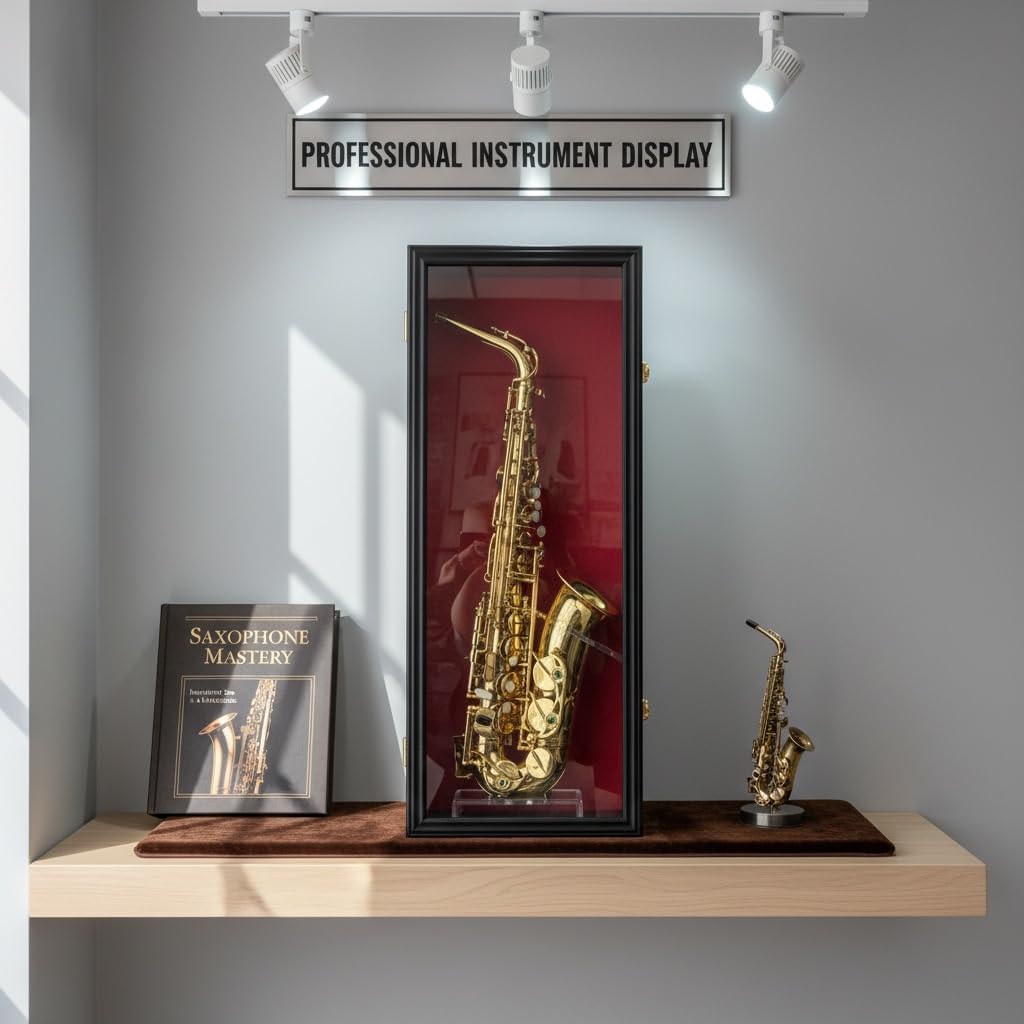 DisplayGifts Saxophone Display Case Saprano Alto Saxophone Stand Holder Wall Mount Shadow Box - 98% UV Protected & Lockable Black Frame