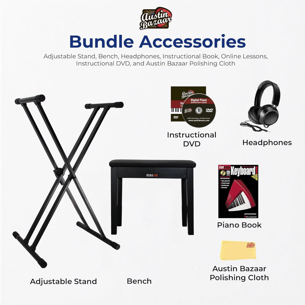 Casio Privia PX-S3100 Digital Piano - Black Bundle with Adjustable Stand, Bench, Headphones, Instructional Book, Online Lessons, Instructional DVD, and Austin Bazaar Polishing Cloth