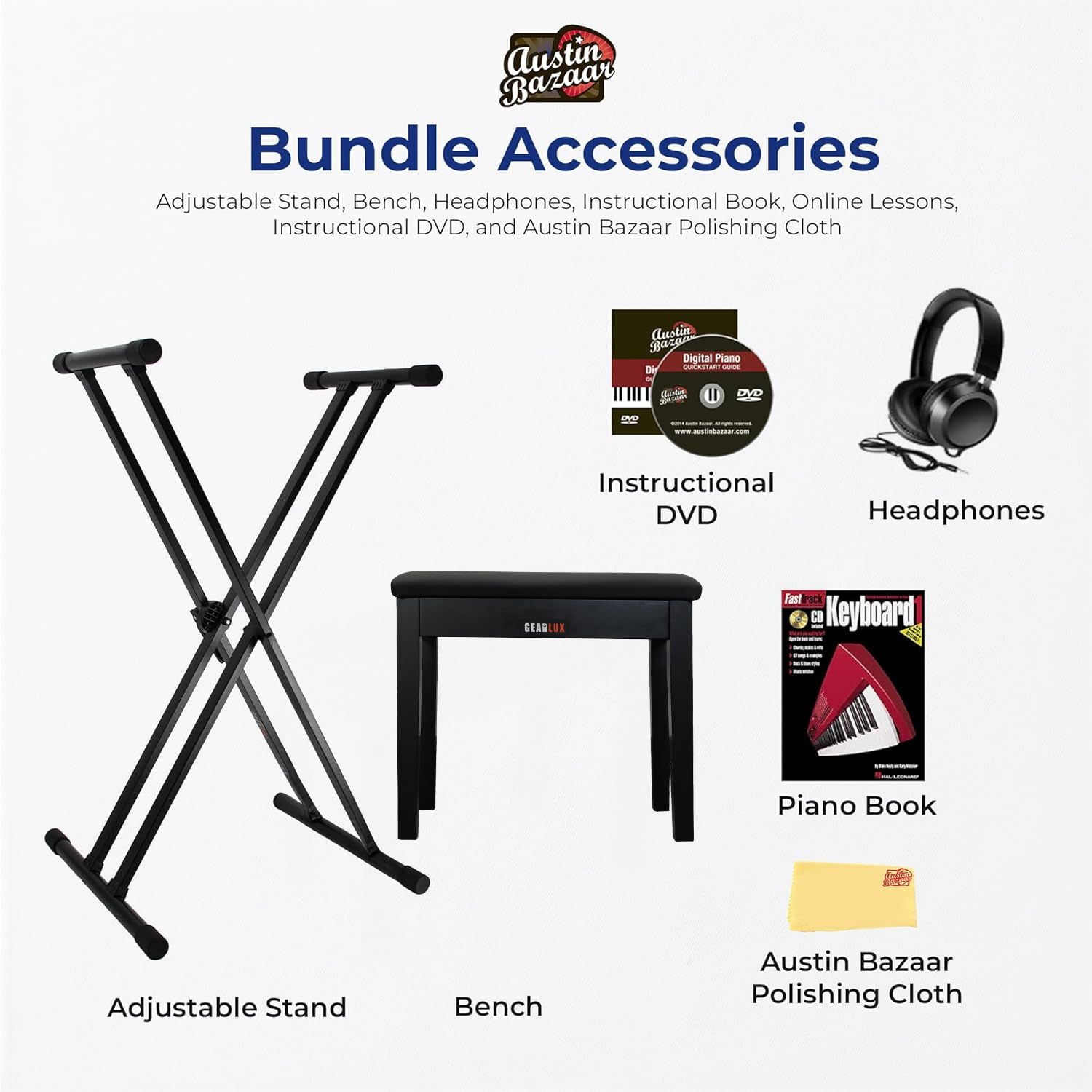 Casio Privia PX-S3100 Digital Piano - Black Bundle with Adjustable Stand, Bench, Headphones, Instructional Book, Online Lessons, Instructional DVD, and Austin Bazaar Polishing Cloth