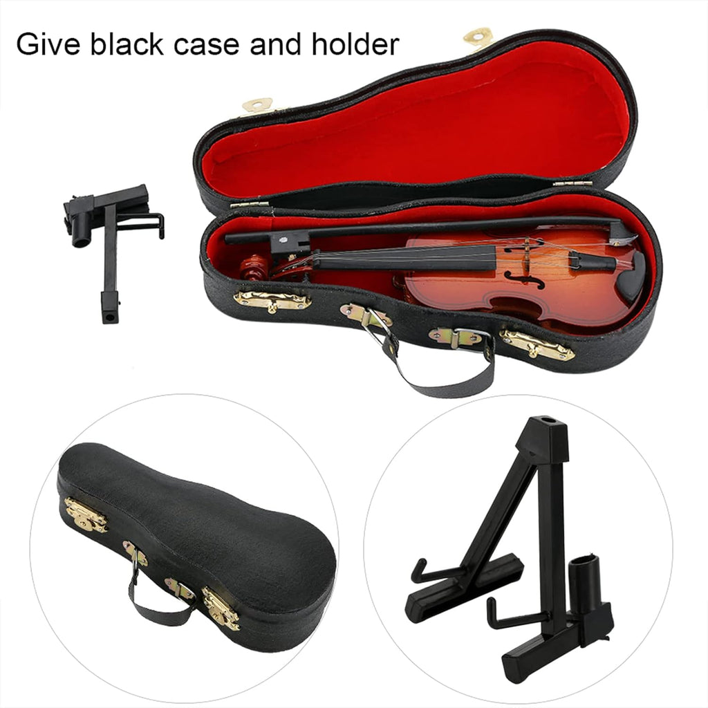 Tiiyee Wooden Miniature Violin Model, 5.5in Mini Musical Instrument Model | Tiny Violin Replica Handmade Display with Bow and Case for Room Home Office Collectible Decoration Ornament Birthday Gift