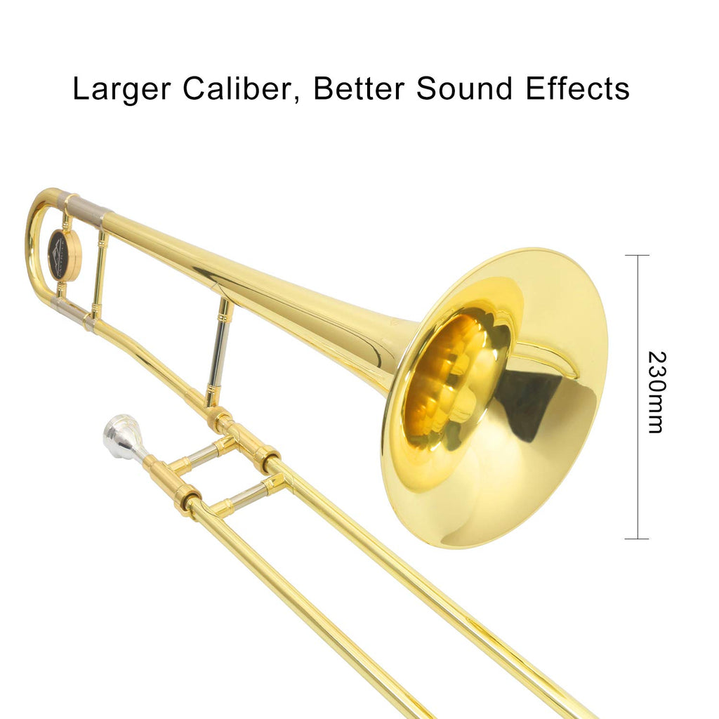 EASTROCK Bb Tenor Slide Trombone, B Flat Brass Plated Trombone Instrument for Beginners Students with Hard Case, with Mouthpiece, White Gloves (12.5mm/200 mm), Golden