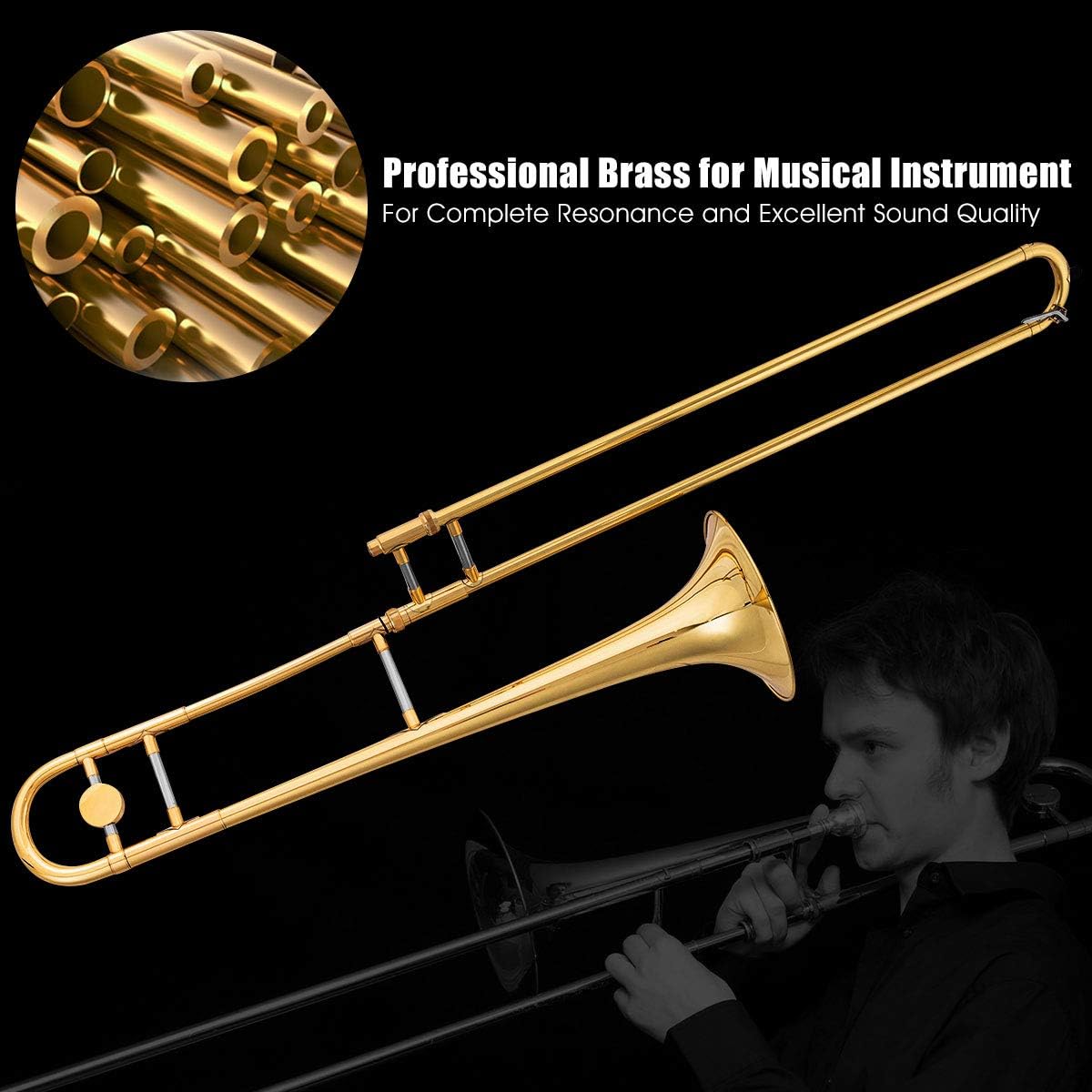 Costzon B Flat Tenor Slide Trombone Brass, Ideal for Standard Student Beginner Trombone w/Case, Gloves, Mouthpiece, Portable