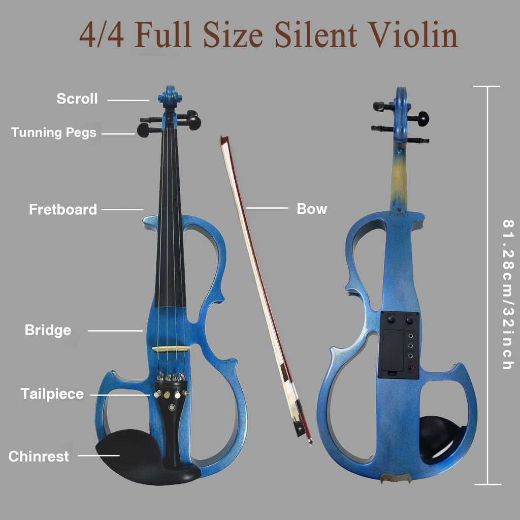 Electric Violin, 4/4 Full Size Solid Silent Fiddle with Ebony Fittings, Silent Electric Violin Kit for Beginner Students (Mahogany)