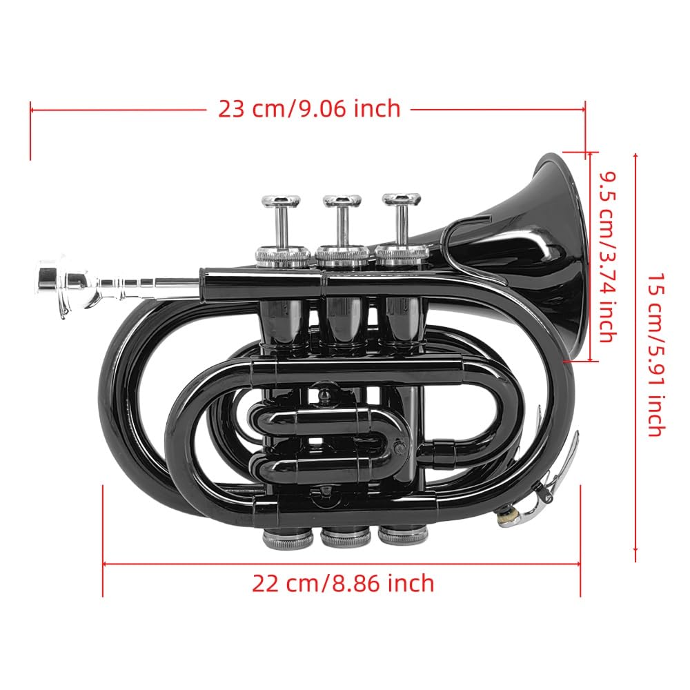 Yinfente Bb Flat Pocket Trumpet Bass Trumpet For Beginner,Student With Cleaning cloth, Silver plated 7C mouthpiece,hard case White gloves (Gold)
