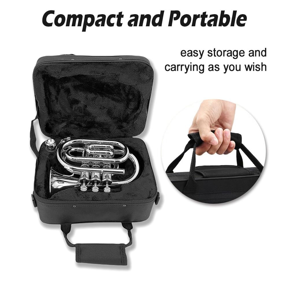 Bb Pocket Trumpet - Brass Pocket Trumpet B Flat Nickel Plated, 7C Mouthpiece, Complete Beginner Kit - Includes Hard Carrying Case, Cleaning Kit, Gloves, golden