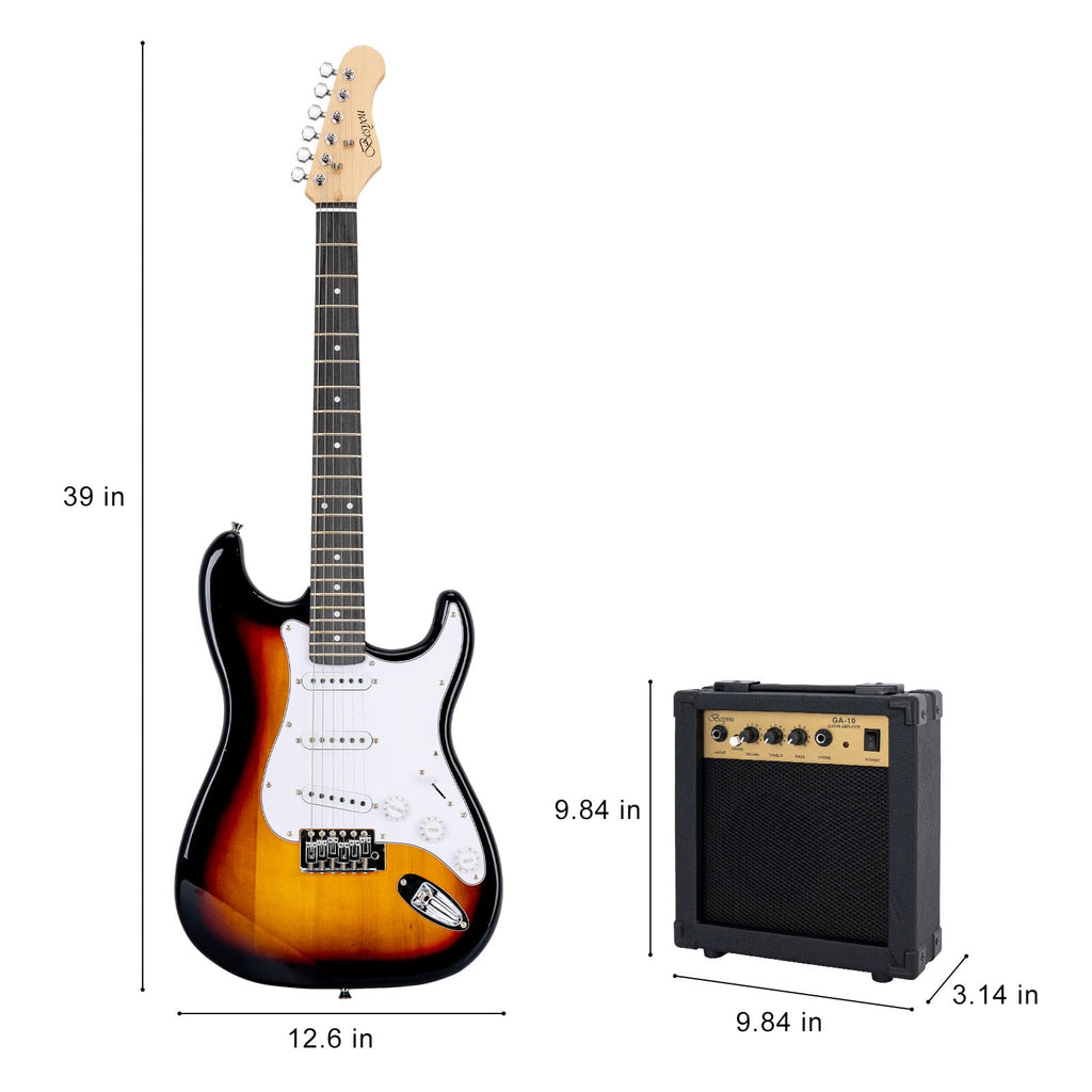 39 Inches Full Size Electric Guitar Beginner Electric Guitar Kits with 10W Amp Classic SSS Pickup Complete with Gig Bag Tuner Capo Strap Picks Guitar String Winders Black