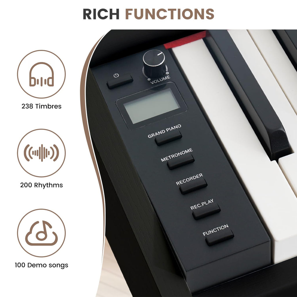 88 Key Full-Weighted Digital Piano, Full Size Electric Piano for Beginners, with U-Stand, 3 Pedal Unit, Adjustable Stool, Headphone, MIDI Functionality (Black)