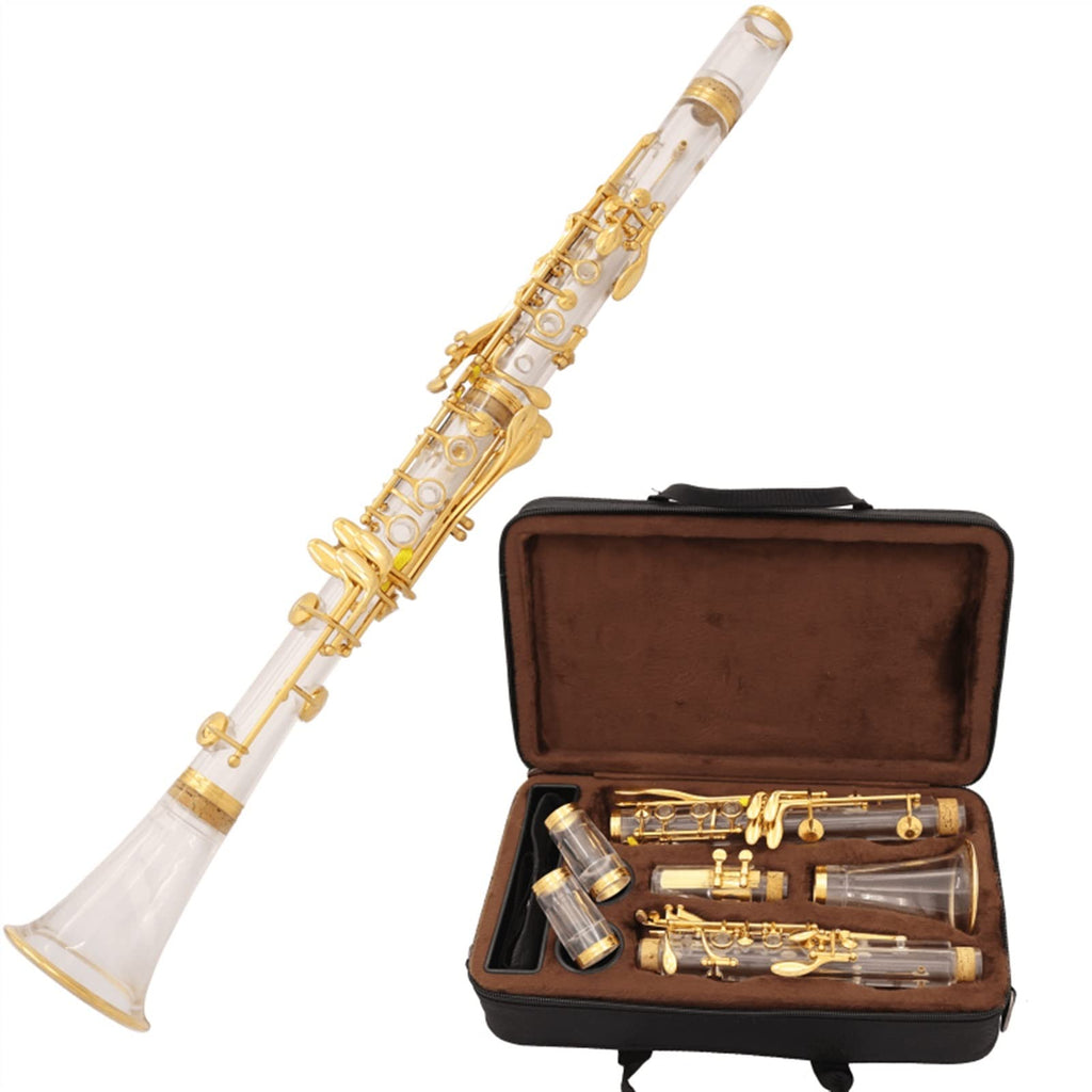 Transparent Bb Clarinet 17 Key Acrylic Body Clarinet with Silver Plated or Gold Plated Keys, Adjustable Thumb Rest, Beginner Student Band Orchestra Wind Instrument (Gold)