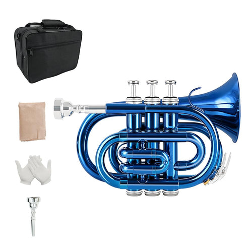 Bb Pocket Trumpet - Brass Pocket Trumpet B Flat Nickel Plated, 7C Mouthpiece, Complete Beginner Kit - Includes Hard Carrying Case, Cleaning Kit, Gloves, golden