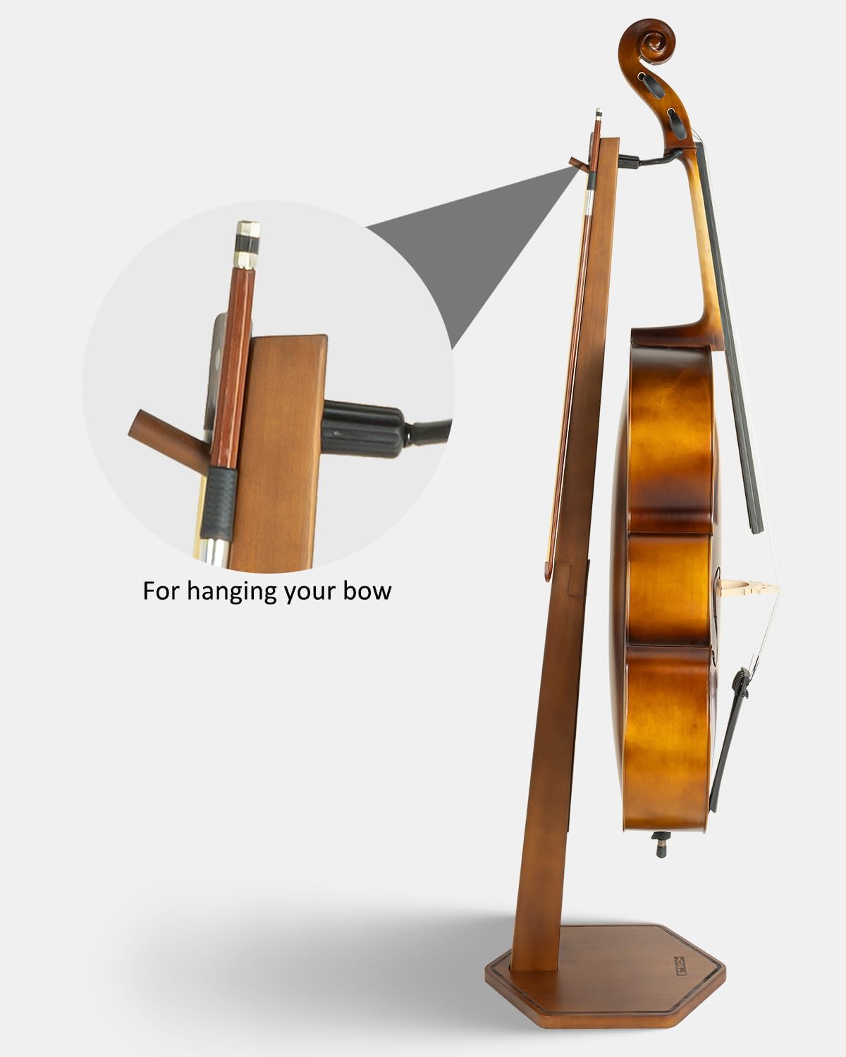 STRICH Wooden Cello Stand with Bow Holder, Heavy-Duty Floor-Standing Display Stand, Cello Wood Floor Stand for 1/2, 1/4, 3/4, 4/4,1/8, 7/8 Full Size, for Home and Studio