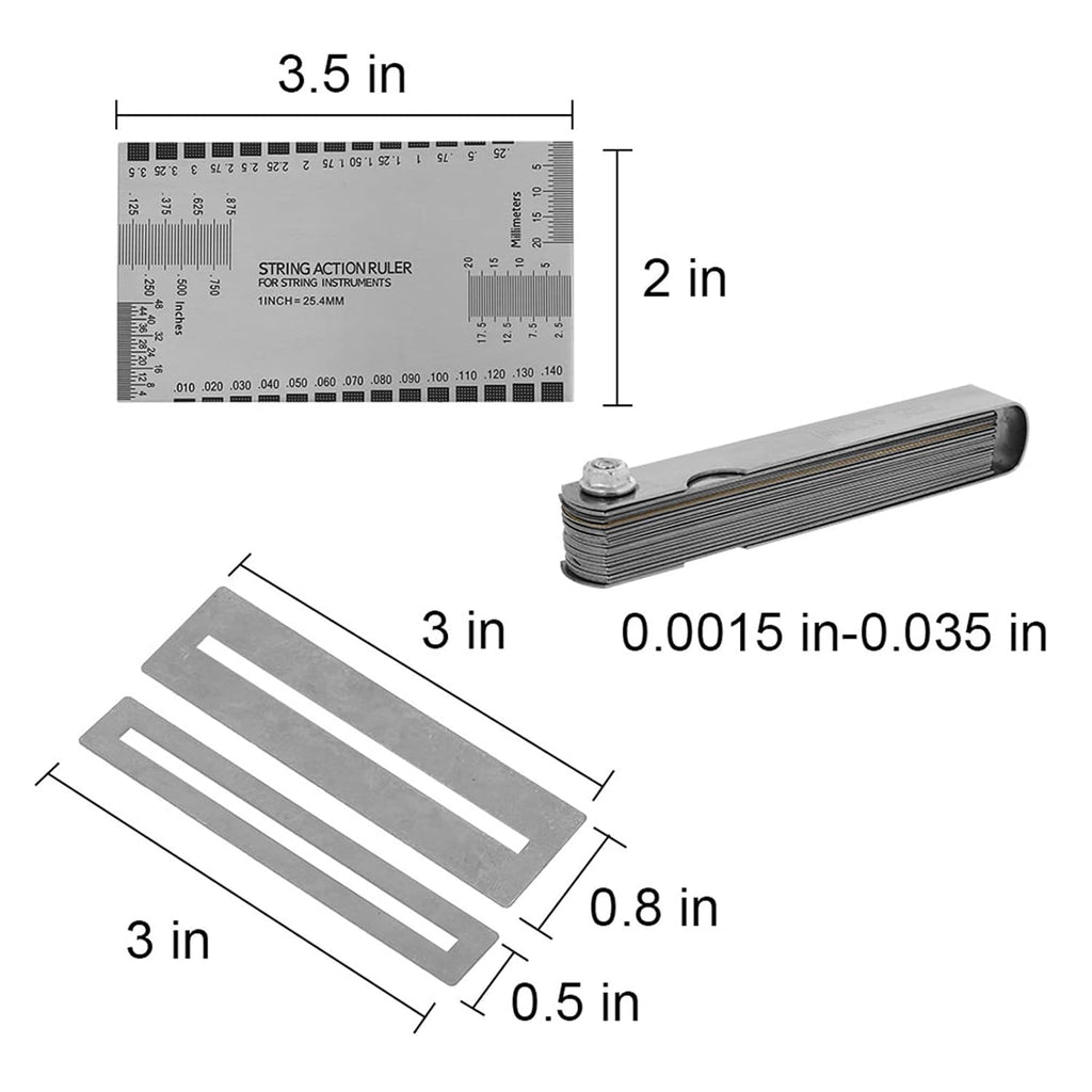 Guitar String Action Gauge Kit with Double Sided Etched Ruler 2 Fret Protector Guards 2 Sizes and 32 Piece Feeler Gauge Set for Precise String Height Measurement Luthier Maintenance