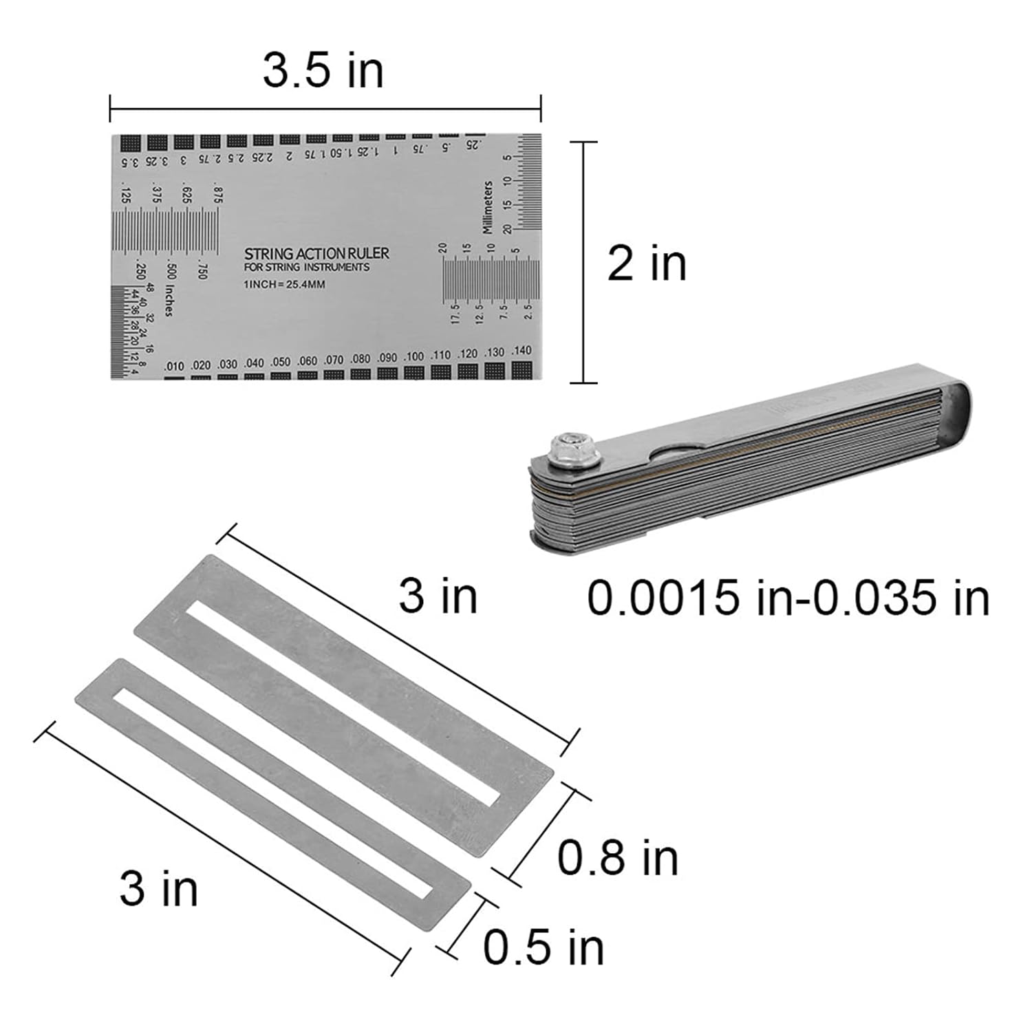 Guitar String Action Gauge Kit with Double Sided Etched Ruler 2 Fret Protector Guards 2 Sizes and 32 Piece Feeler Gauge Set for Precise String Height Measurement Luthier Maintenance