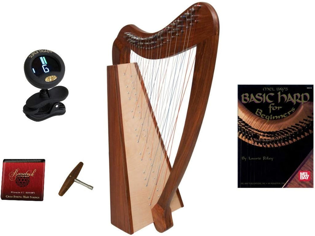Includes: Roosebeck 38 Strings Pro Quality Solid Rosewood Irish Celtic Cross Strung Harp + Snark Clip-On Chromatic Tuner + Mel Bays Basic Harp Book for Beginners By Laurie Riley