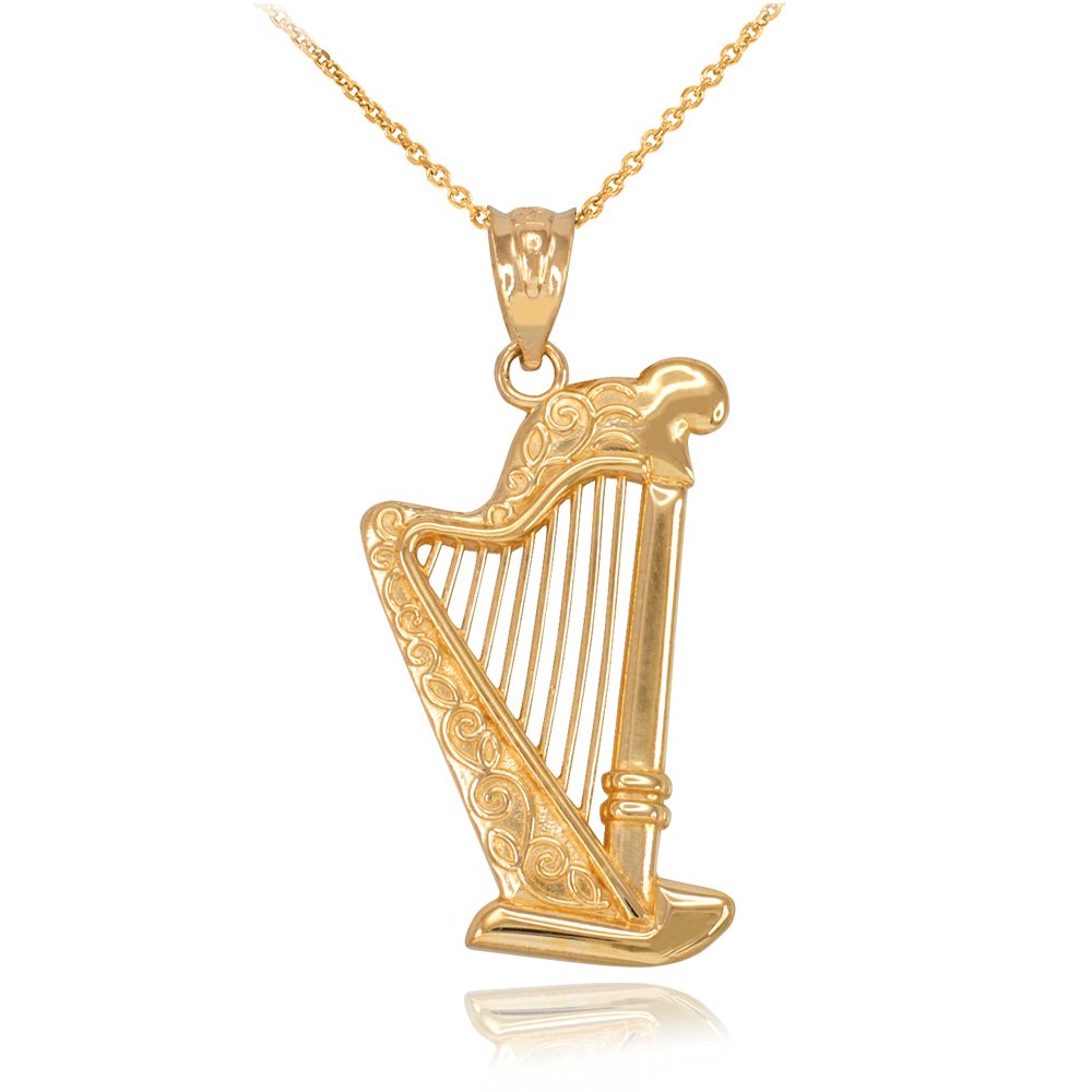 Fine 14k Yellow Gold Harp Music Charm Pendant Necklace