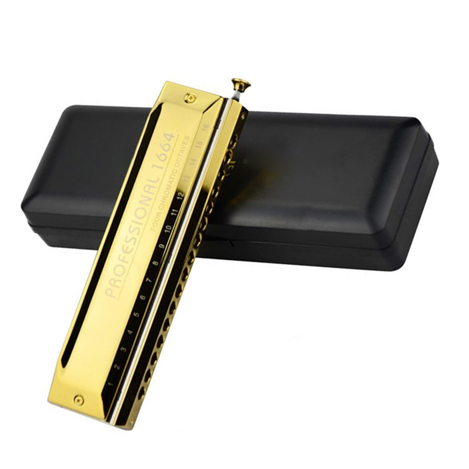 Students Harmonica 16 Holes 64 Tone C Key Chromatic Harmonica Professional Wind Musical Instruments With Case (Color : Gold)