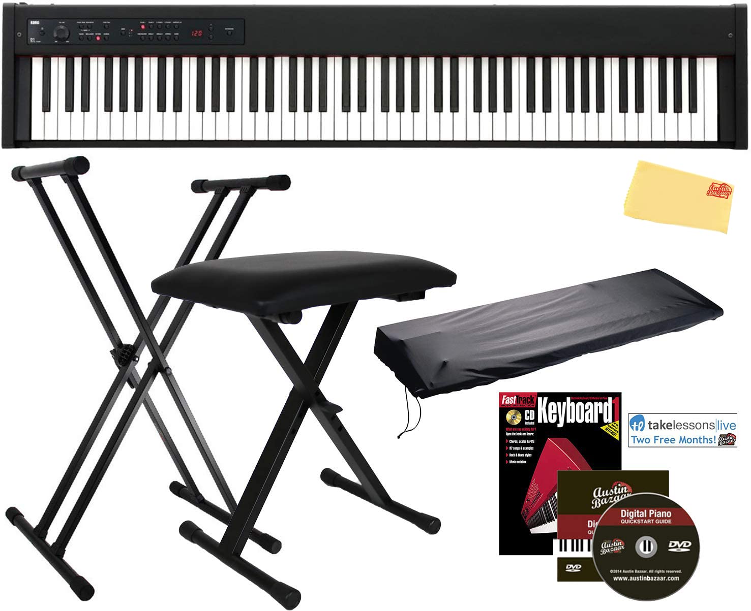 Korg XE20 Digital Ensemble Piano Bundle with Adjustable Stand, Bench, Power Supply, Damper Pedal, Keyboard Cover, Instructional Book, Austin Bazaar Instructional DVD, and Polishing Cloth