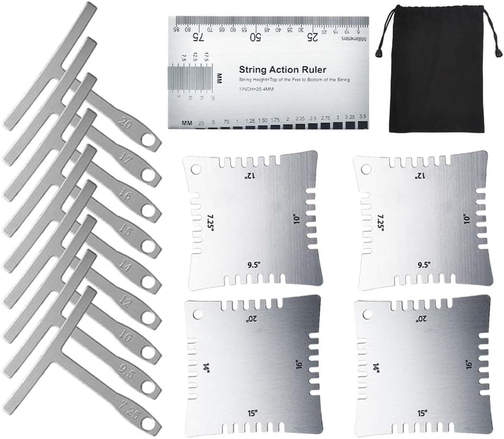 TIMESETL 14Pcs Guitar Luthier Tools Set Including Understring Guitar Radius Gauge, String Action Ruler Gauge, Guitar Notched Radius Gauges Guitar Set Up Tool Kit for Guitar and Bass Setup