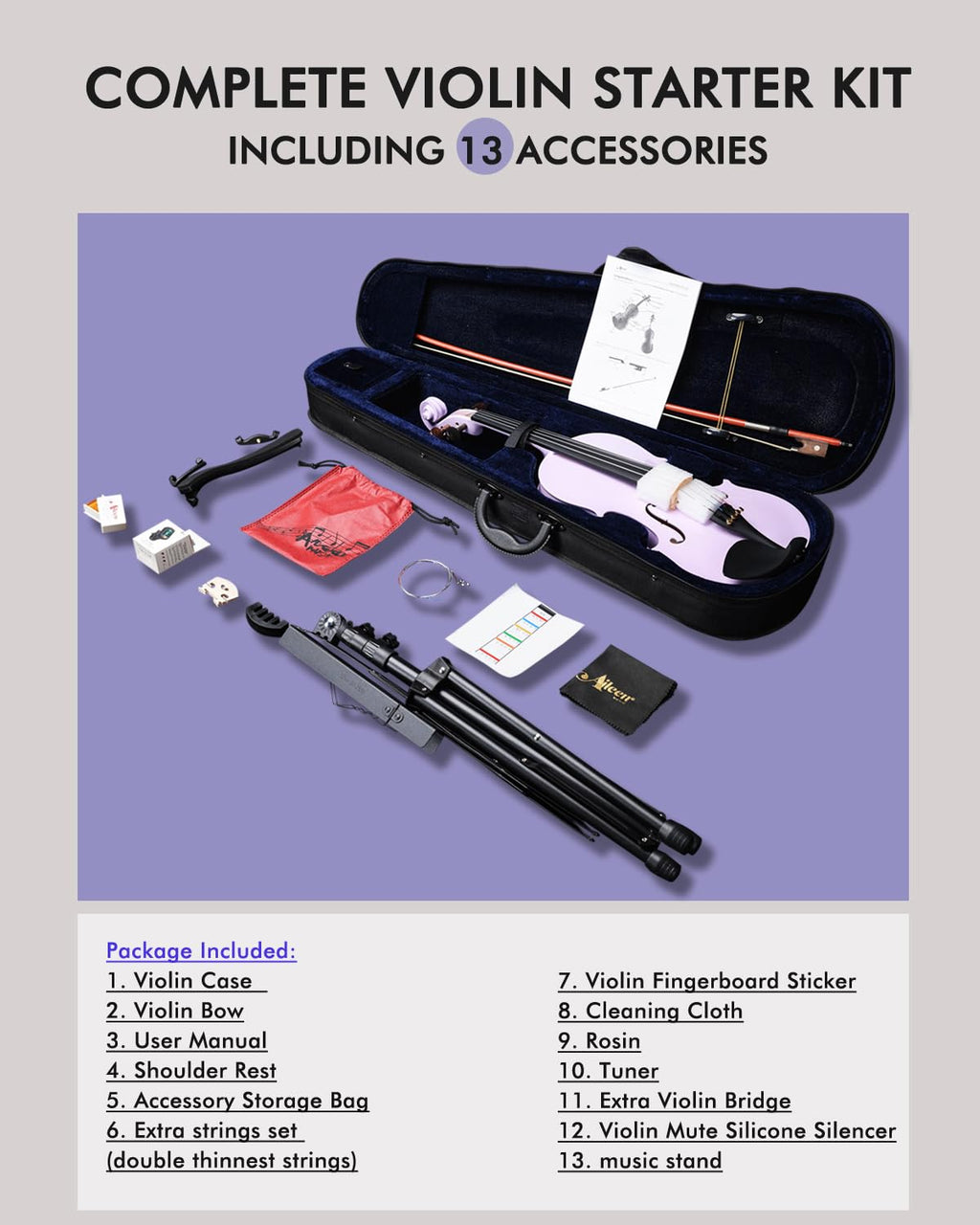 Aileen Violin 4/4 Full Size for Adults Beginners, Black Fiddle Starter Kit for Students Age 12+, including Music Stand, Unique New Fingerboard Sticker, Mute