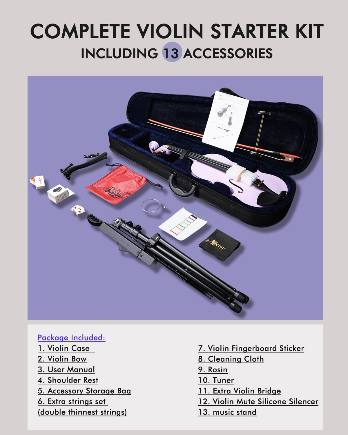 Aileen Violin 4/4 Full Size for Adults Beginners, Black Fiddle Starter Kit for Students Age 12+, including Music Stand, Unique New Fingerboard Sticker, Mute