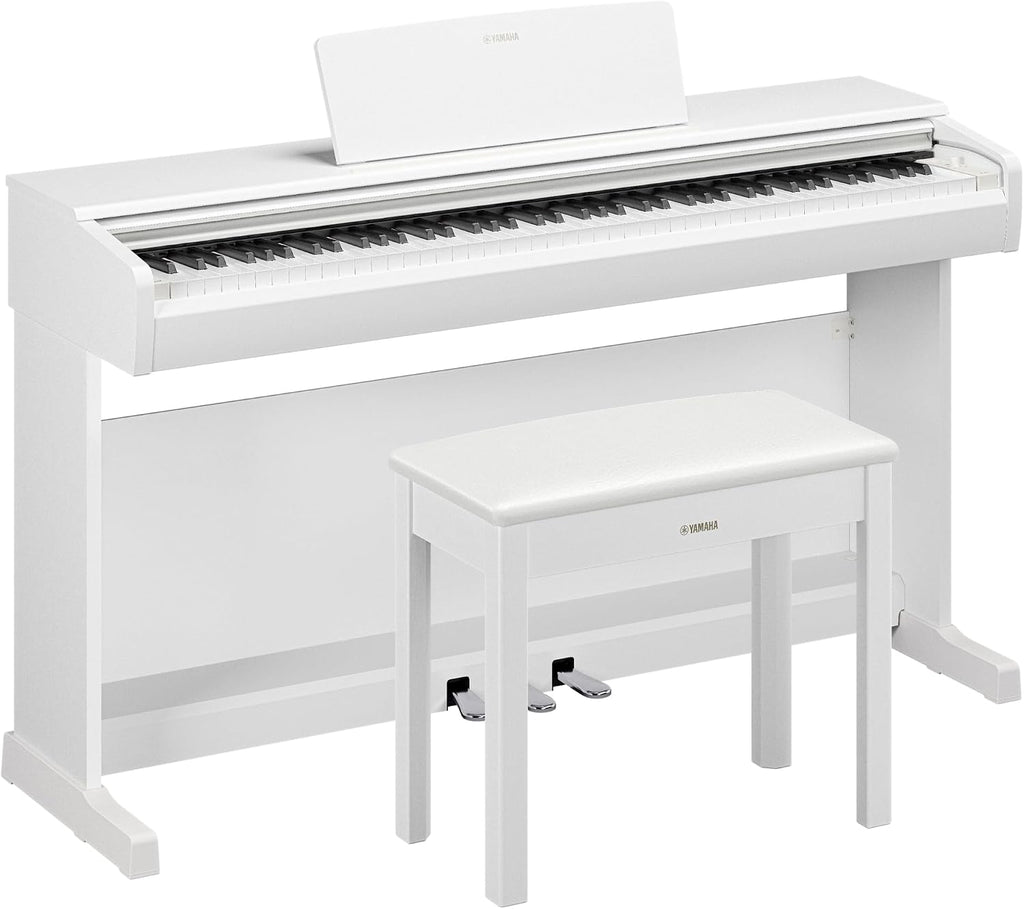 Yamaha Arius Series 88-Key Weighted Digital Piano Keyboard for Beginners, Full Size, Grand Piano Sound, 3-Pedal Unit, Bench Included, Classic Upright Design in White, YDP-146WH