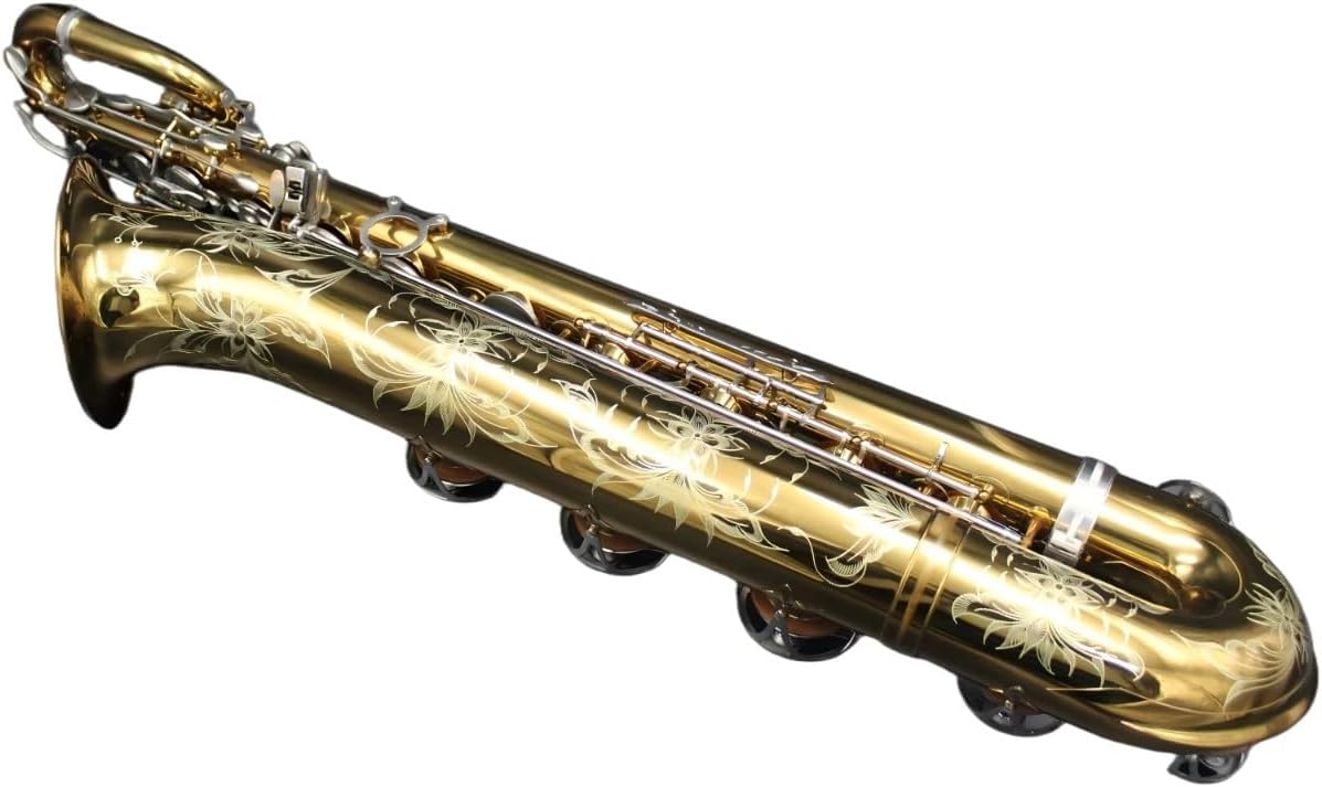 Eastern Music Pro Baritone Saxophone, Yellow Brass with Champagne Gold Lacquer, Low A, Floral Engraving, Yani Style Key Design, Includes Flight Case with Wheels and Accessories
