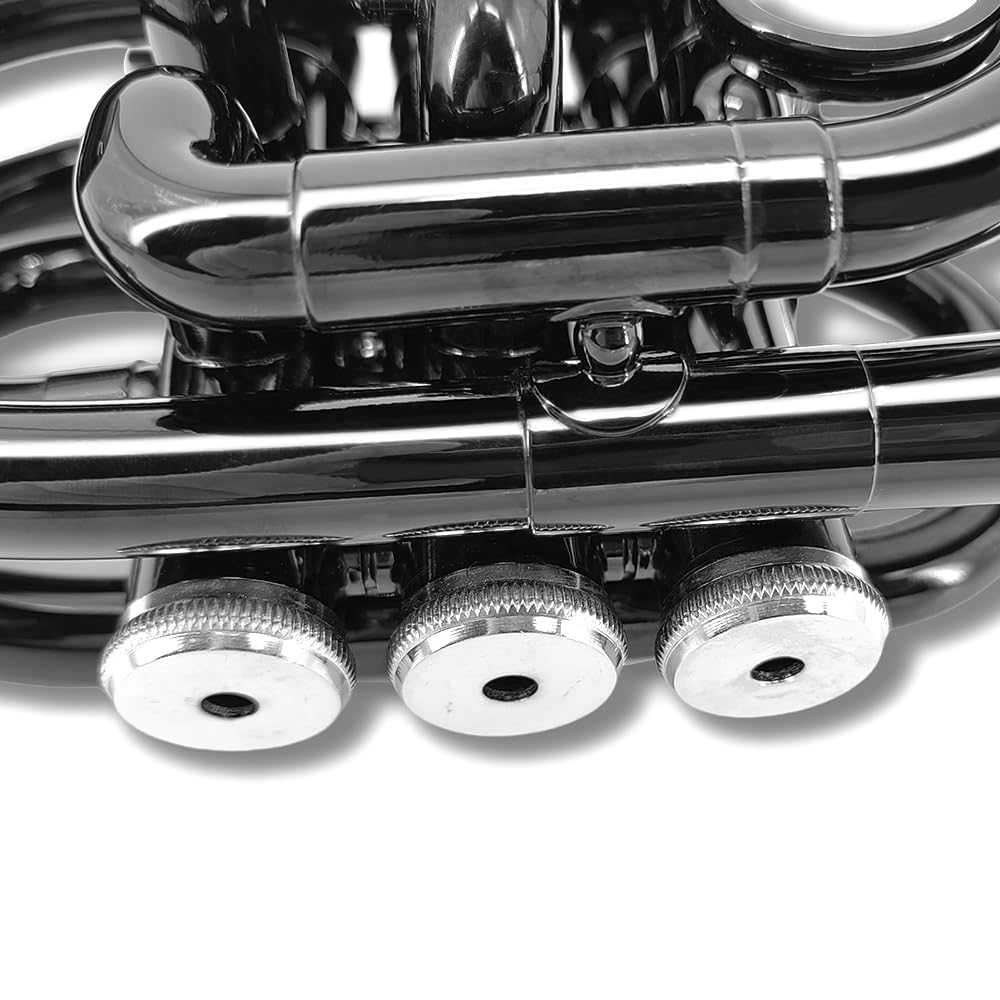 Pocket Trumpet Bb Flat Brass Trumpet for Beginner Student with 7C Mouthpiece Carrying Hard Case Cleaning Cloth Gloves