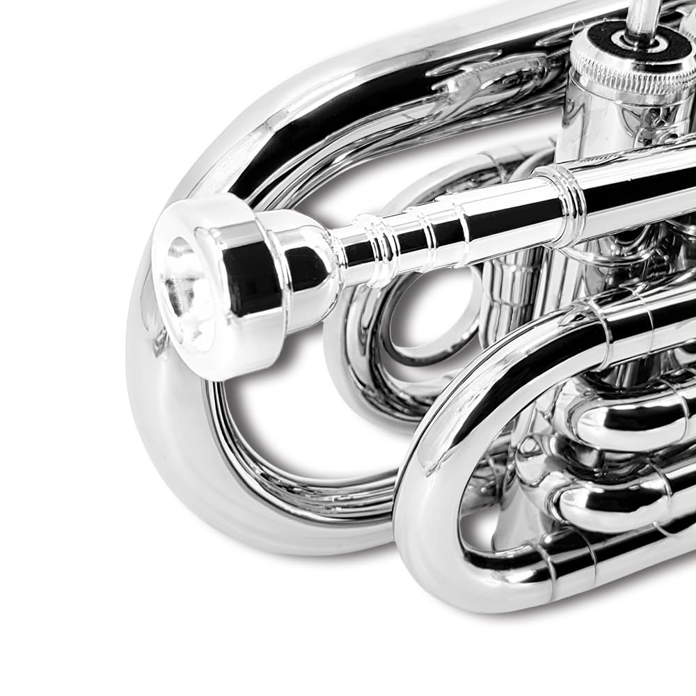 Pocket Trumpet Bb Flat Brass Trumpet for Beginner Student with 7C Mouthpiece Carrying Hard Case Cleaning Cloth Gloves