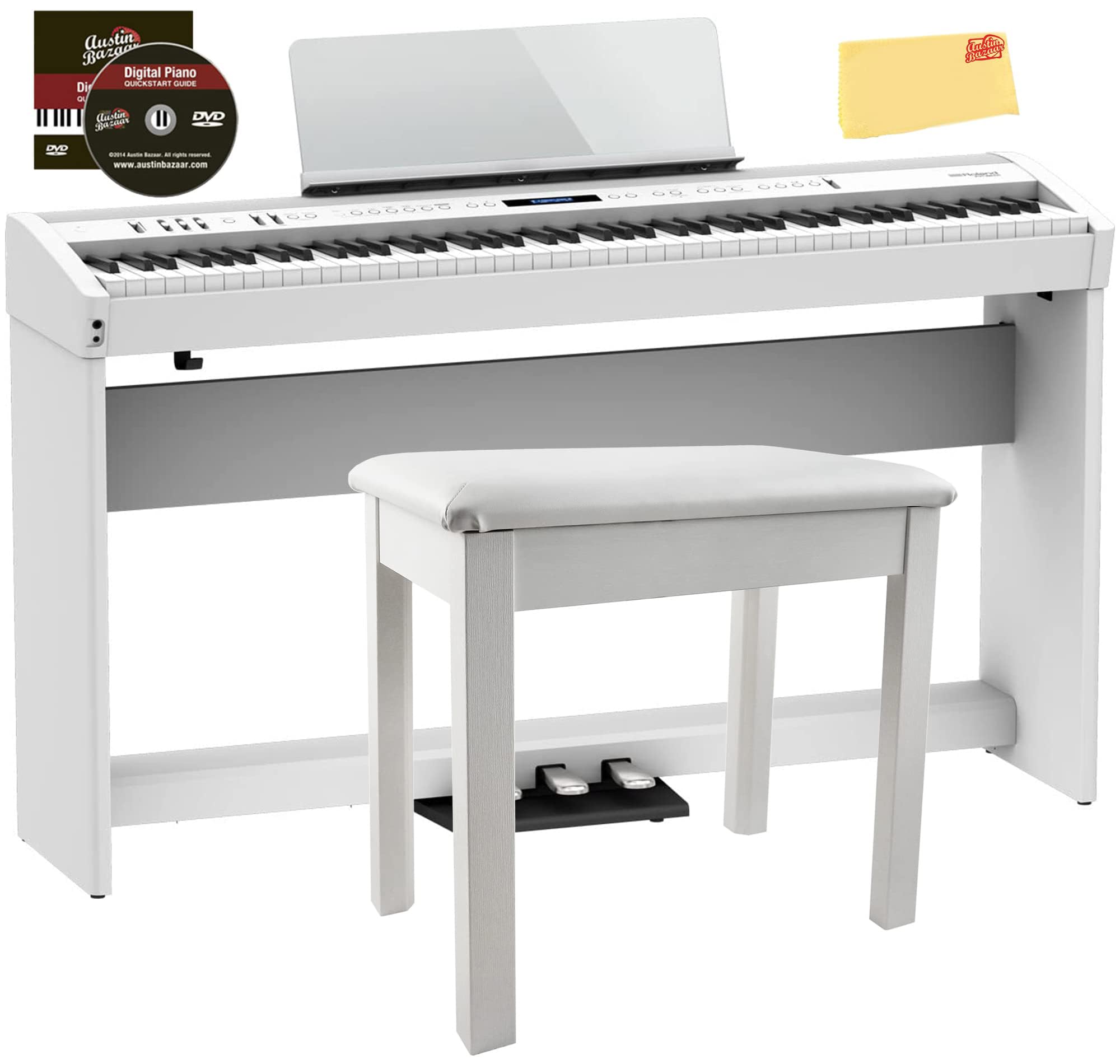 Roland FP-60X 88-Key Digital Piano - White Bundle with Adjustable Stand, Bench, Deluxe Sustain Pedal, Online Piano Lessons, Instructional DVD, and Austin Bazaar Polishing Cloth