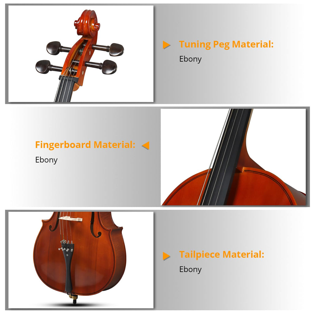 4/4 Full Size Cello Set,Professional Handmade Solid Wood Acoustic Cello with Portable Bag,Bow,Rosin,Cello Musical Instrument for Beginners & Adults (Natural)