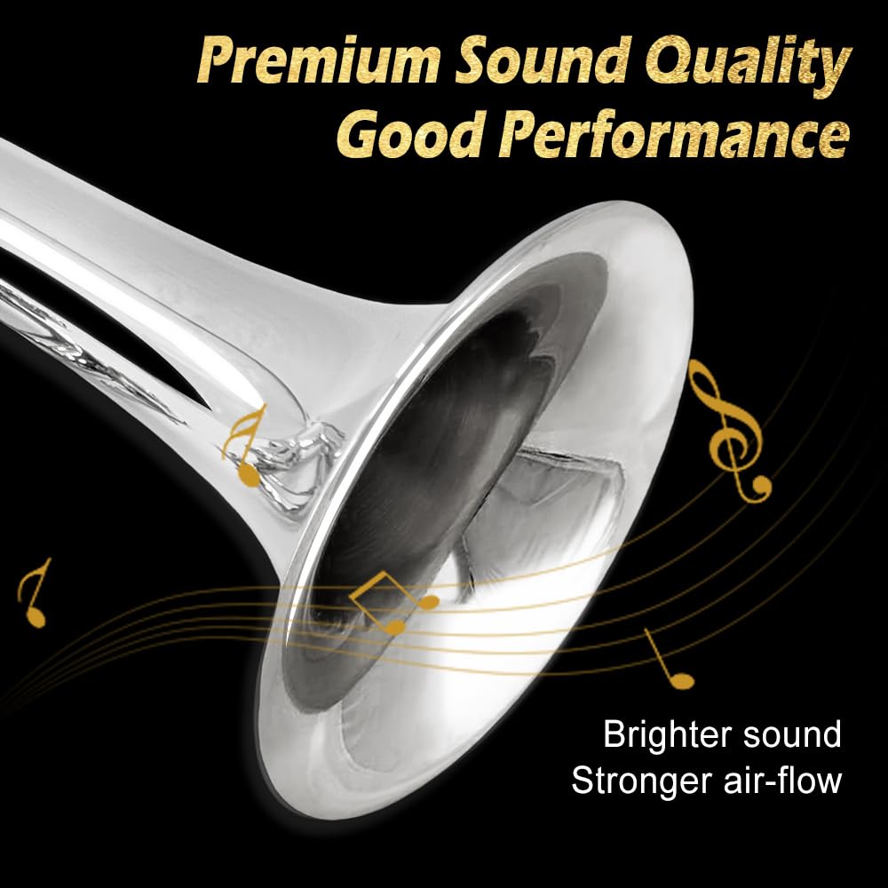Yinfente Bb Standard Trumpet Set for Beginner or Advance Student, Brass Student Trumpet Instrument With Hard Case, 7C Mouthpiece, Cleaning Kit,White Gloves Glod
