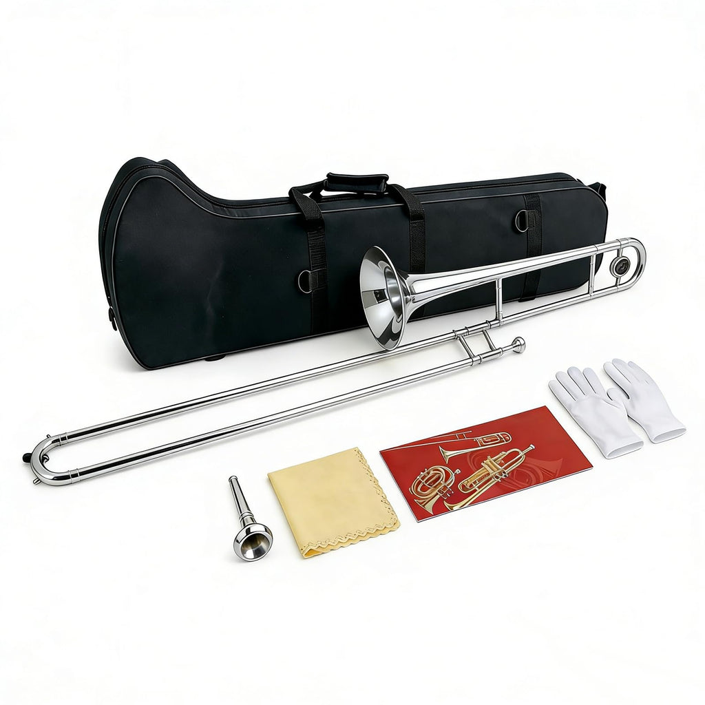 Bb Tenor Slide Trombone | Full Kit with Mouthpiece Gloves & Cleaner - Student-Friendly B Flat Tenor Slide Trombone, All-In-One Package for New Learners (Gold)