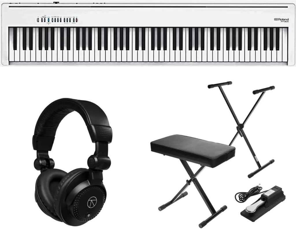 Roland FP-30X 88 Keys SuperNATURAL Portable Digital Piano, White Bundle with H&A Studio Monitor Headphones, Keyboard Stand, Bench and Sustain Pedal