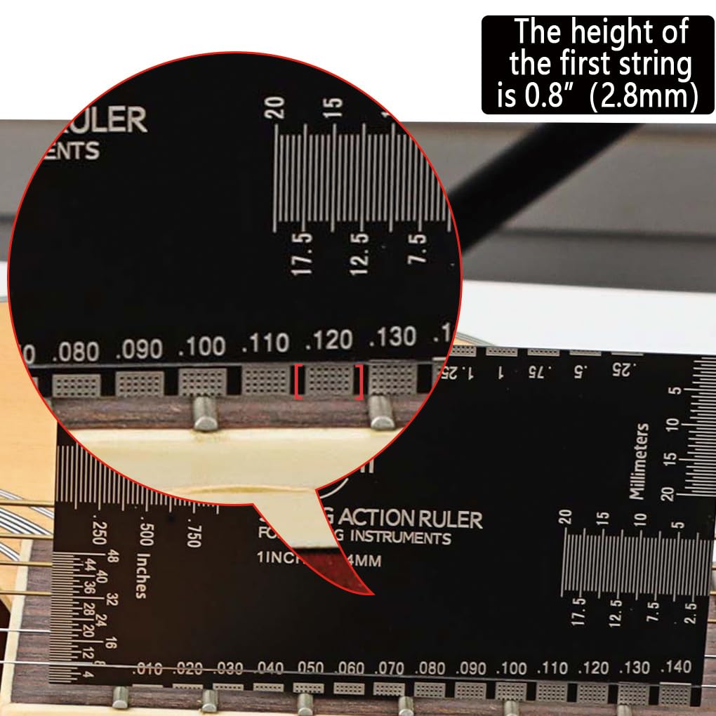 Guitar Action Gauge Ruler with Thick Leather Case,Guitar String Ruler Height Precision Fret Rocker,Polished Edge Guitar Gauge-Luthier Tool,black