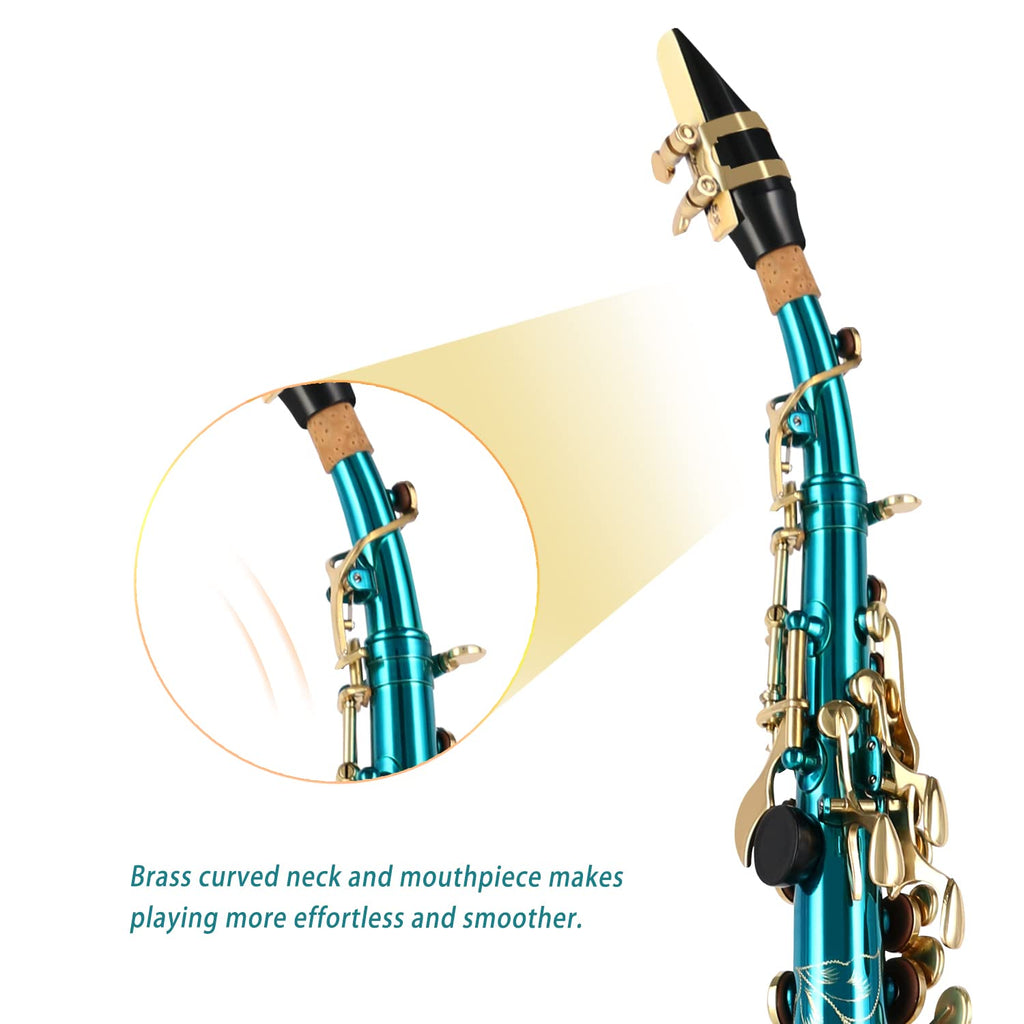 EASTROCK Soprano Saxophone Curved Bb Flat Black Sax Instruments for Beginners Intermediate Players with Carrying Case,Mouthpiece,Pads,Reed,Cleaning kit,neck Strap,White Gloves