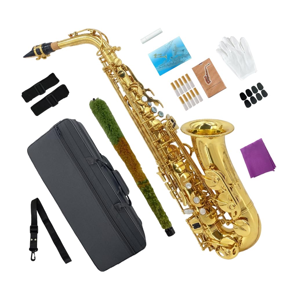 Eb Alto Saxophone Gold Lacquer Brass E-Flat Student Kit with Hard Carrying Case - Includes Mouthpiece, Reeds, Neck Strap and Gloves for School Band