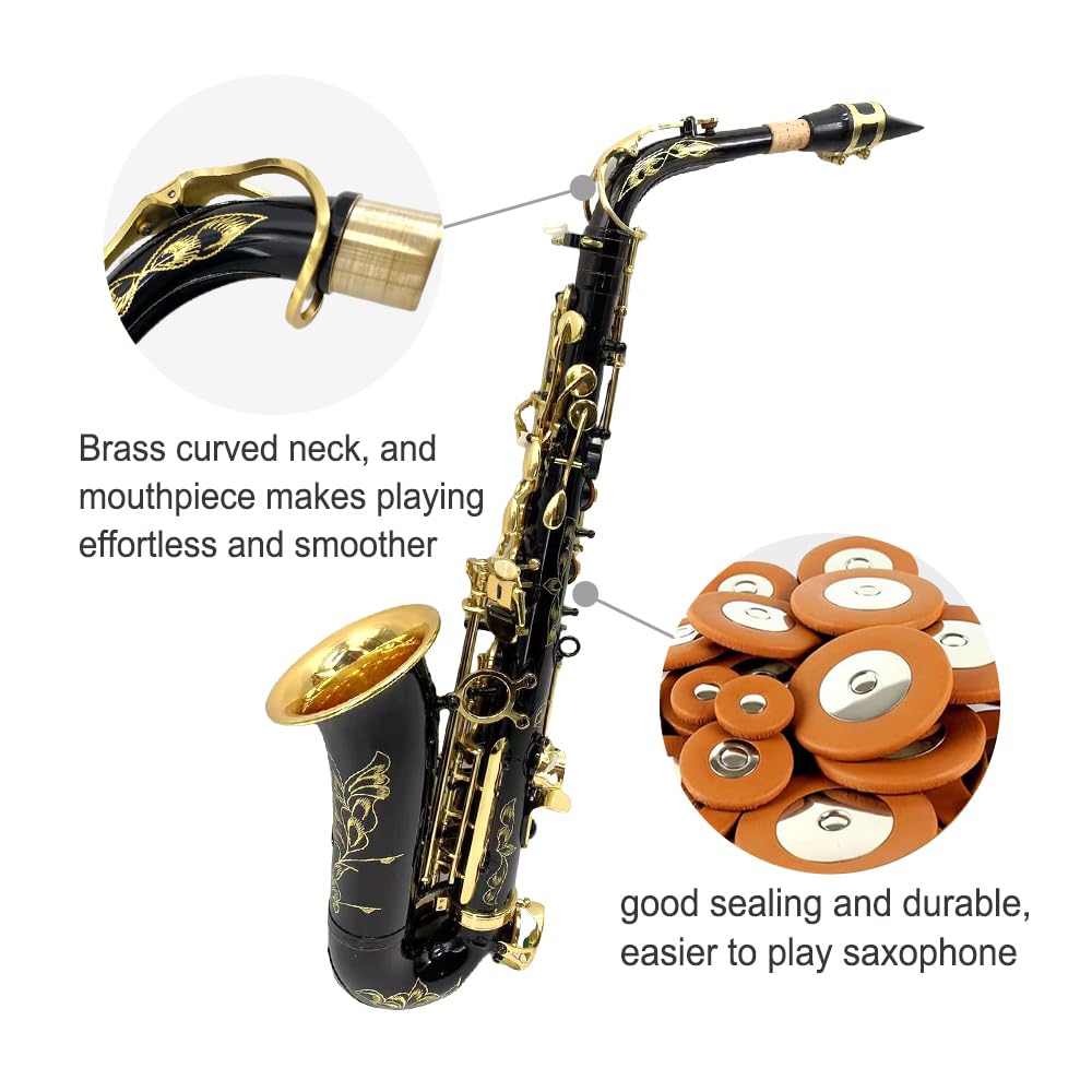 Beginner Alto Saxophone, E Flat - Complete Starter Kit with Case & 10 Reeds, for Adults & Students, Easy to Play for School Band & Practice(Gold)