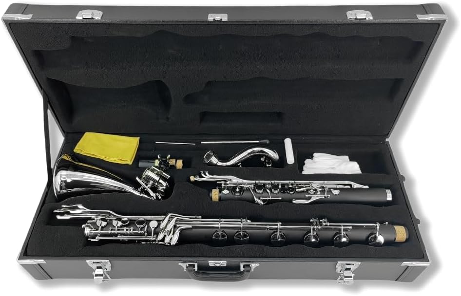 Yinfente ABS Bass Clarinet Kits for beginners Low C Bb Flat Clarinete Professional Silver Plated Keys Hard Case,Cleaning Kits,Gloves And Cork Grease