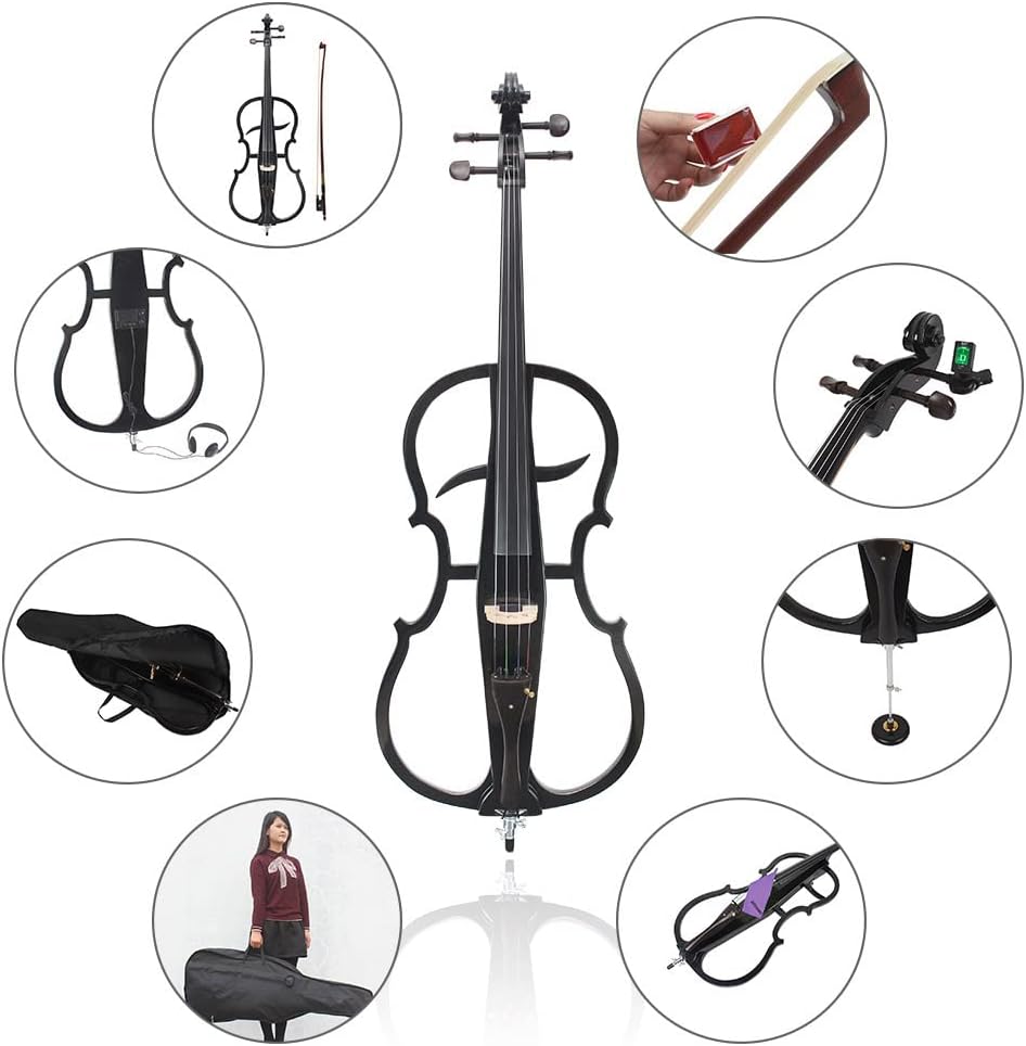 4/4 Solid Wood Electric Cello Violoncello Ebony Fittings Style 1 Tuner Headphone Gig Bag