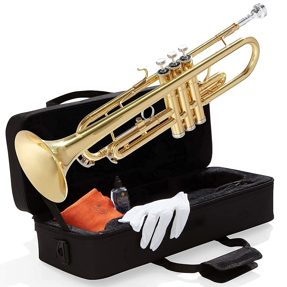 Mendini By Cecilio Bb Standard Trumpet Set for Beginners - Brass Trumpet Instrument with Hard Case, 7C Mouthpiece, Valve Oil, Cleaning Cloth, Maintenance kit and Gloves (Gold)