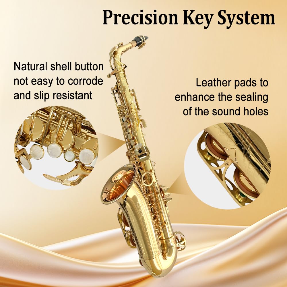 Yinfente Eb Alto Saxophone For Beginners Adult,Saxophone Student,E Flat Alto Sax Full Kit With Reeds,Pads Cushions,Hard Carrying Case,Cleaning Cloth & Rod,Mouthpiece,Gloves,Neck Strap Gold