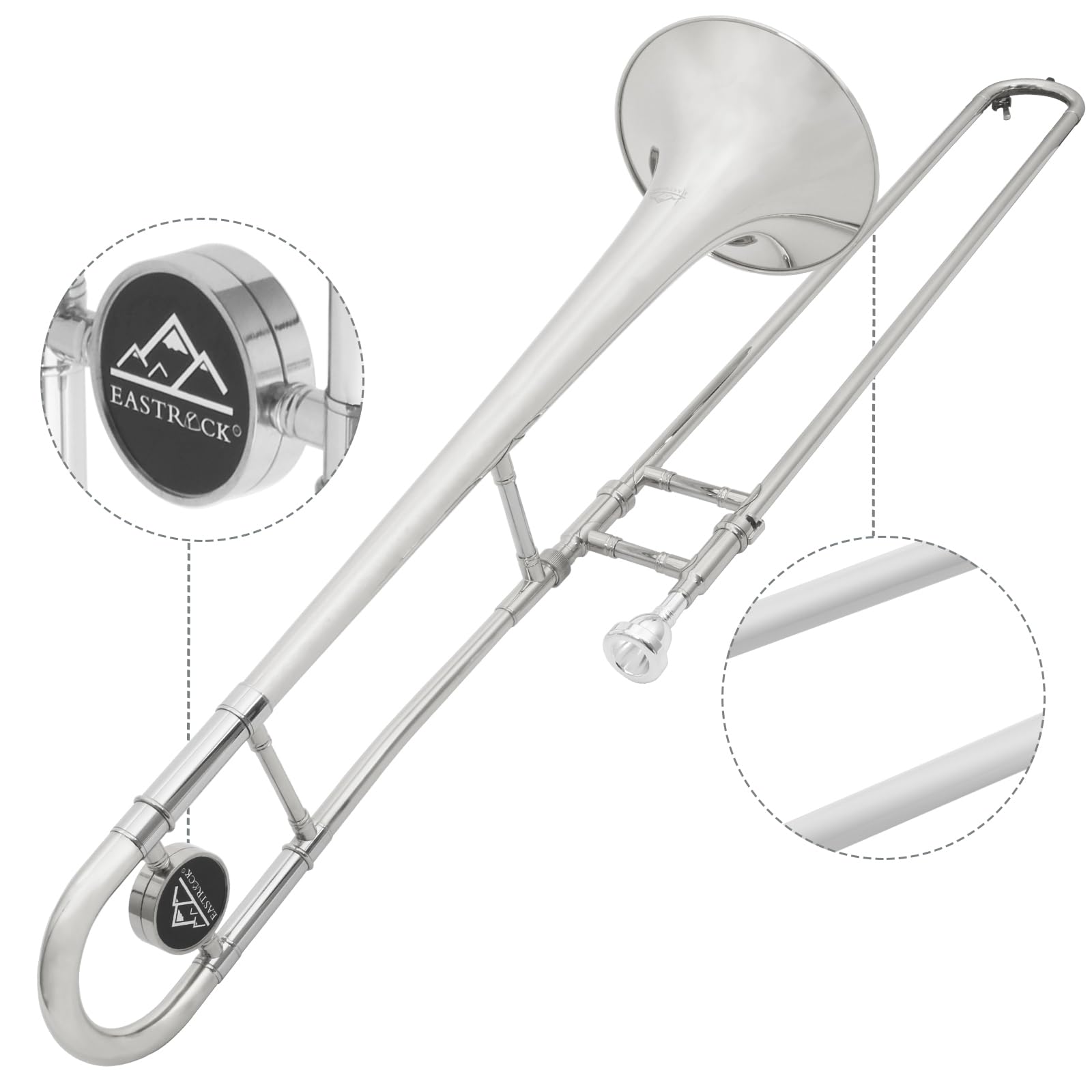 EASTROCK Bb Tenor Slide Trombone, B Flat Brass Plated Trombone Instrument for Beginners Students with Hard Case, with Mouthpiece, White Gloves (12.5mm/200 mm), Golden