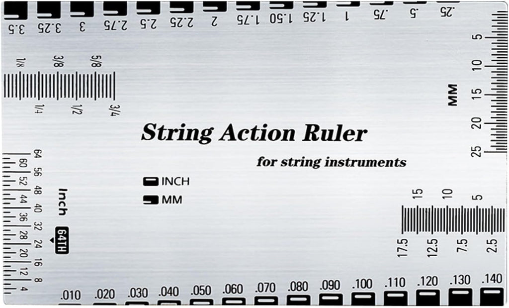 Guitar String Action Ruler, Stainless Steel String Gauge Measuring Tool with Inch & MM Scale for Electric Acoustic Guitar Bass, Precision Luthier Tool with Instruction Manual