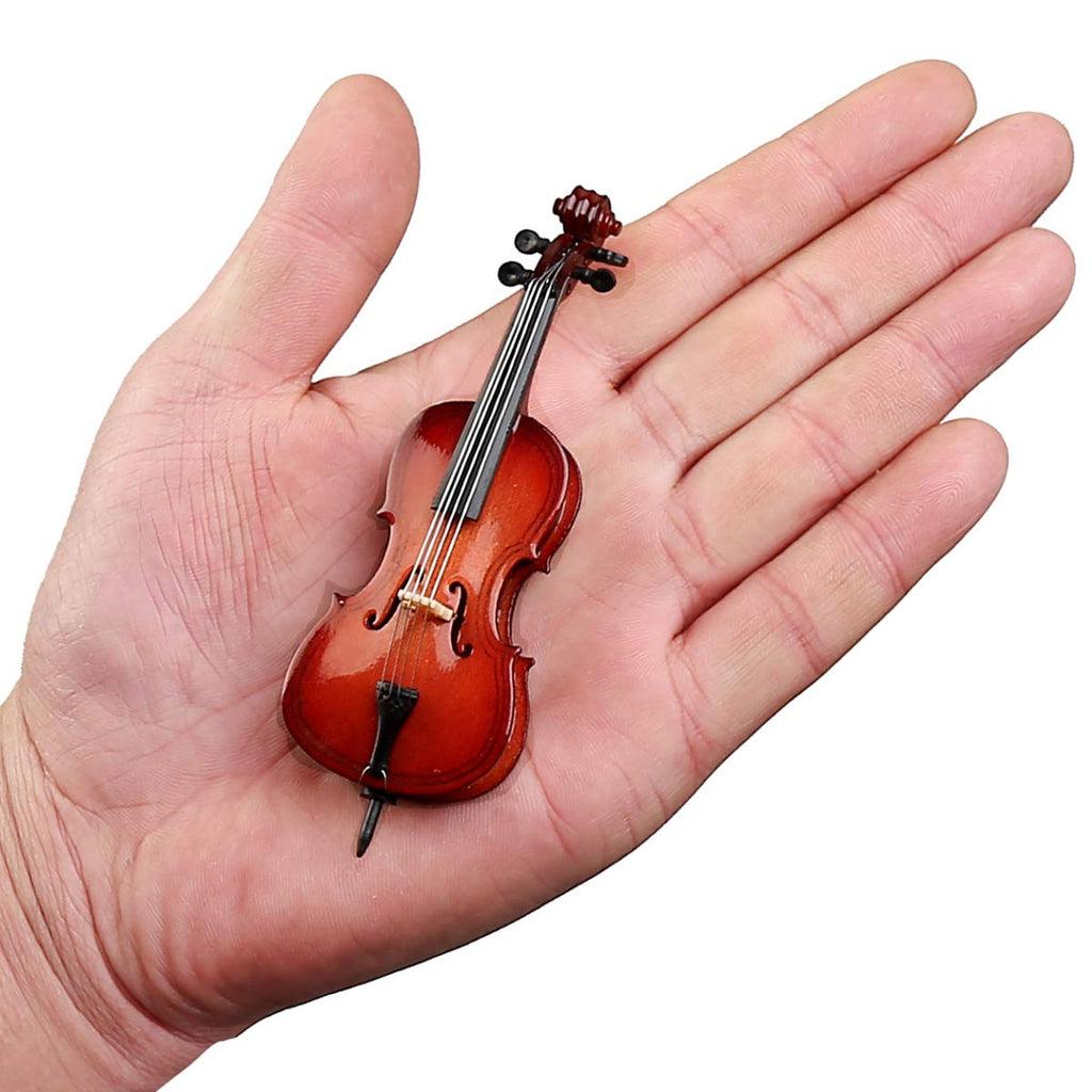 Wooden Miniature Cello with Stand, Bow and Case Mini Musical Instrument Cello Replica Collectible Figurines Dollhouse Accessories Model Home Decoration Display Ornament (5.51"x1.97"x0.63")