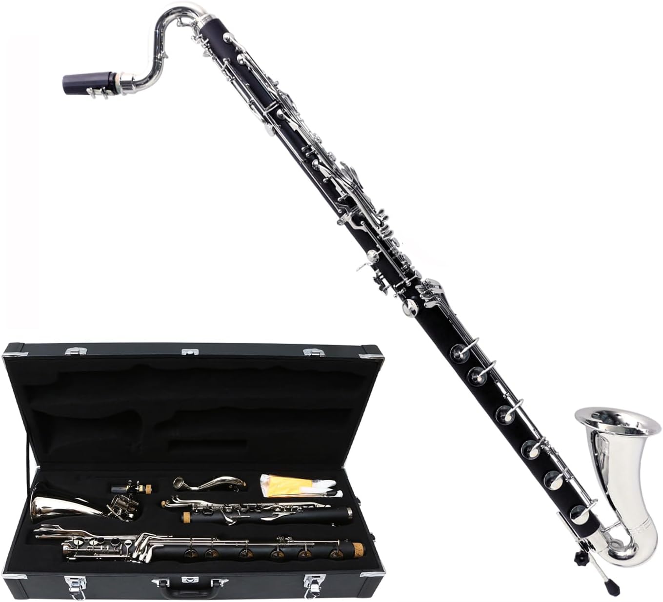 Vetimobato Advance Bass Clarinet Low C Bb Key Clarinet with Case Professional Level Easy blowing Nickel Plated keys (Low C Bb Key)