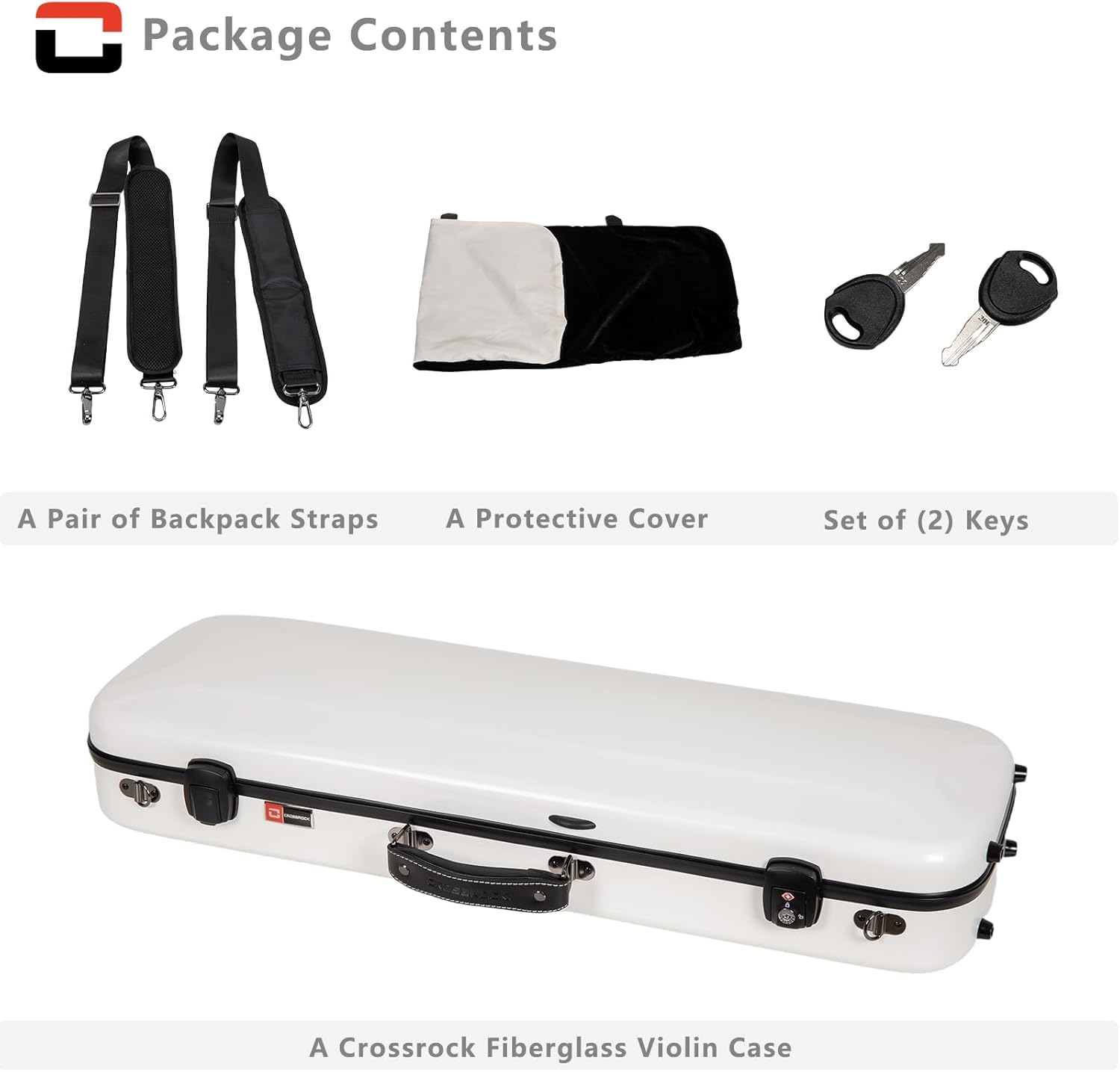 Crossrock Fiberglass Double Violin Case fits Two 4/4 Full-Size Violins- Includes TSA lock, Protective Blanket, Hygrometer, Removable Shoulder Straps- Milky White (CRF2020DVMW)